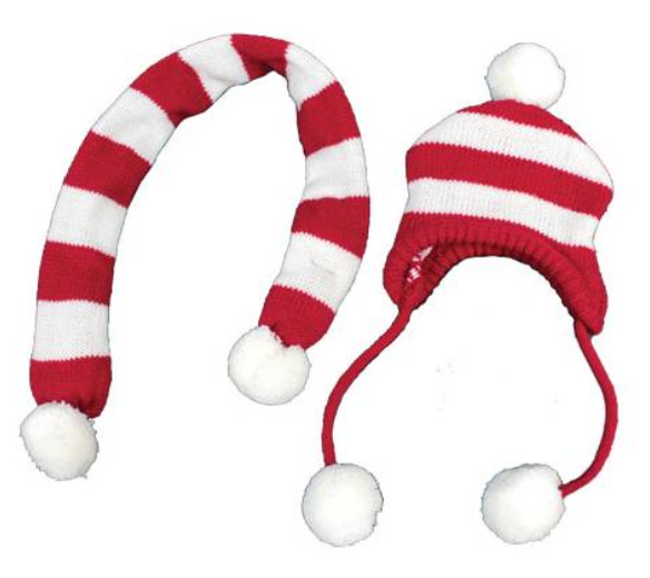 Doogy!® Gestreifter Hunde-Schal und Mütze mit Bommeln (rot/weiß)
