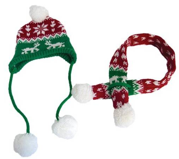 Doogy!® Hunde-Weihnachtsschal und Mütze mit Bommeln (rot/grün)